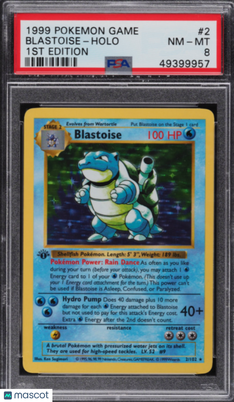 1999 Pokemon Base Set Blastoise #2/102 English 1st Edition Shadowless PSA 8