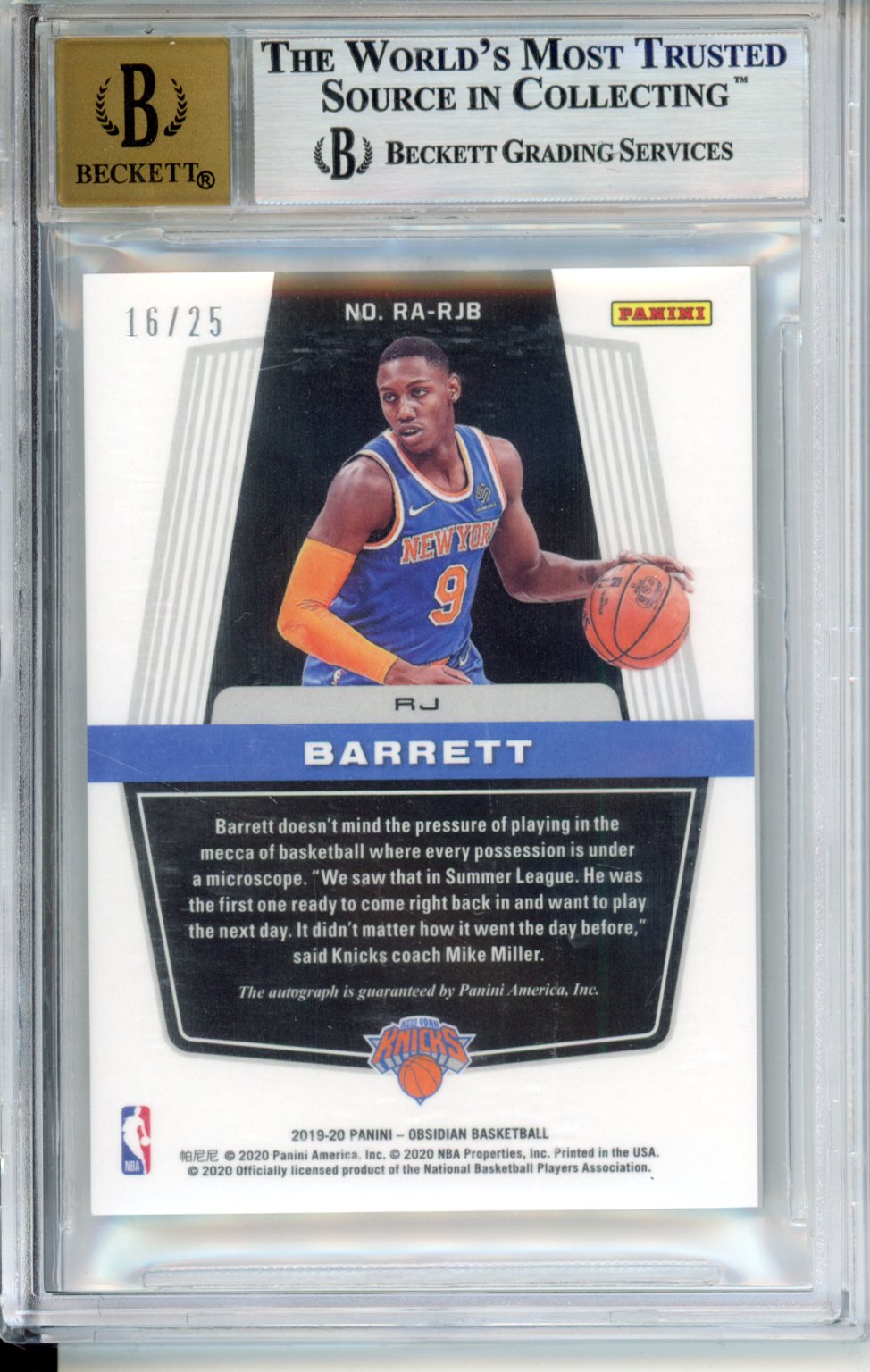 2019 Panini Obsidian Rookie Auto Electric Etch Green RJ Barrett #28 /25 BGS 9