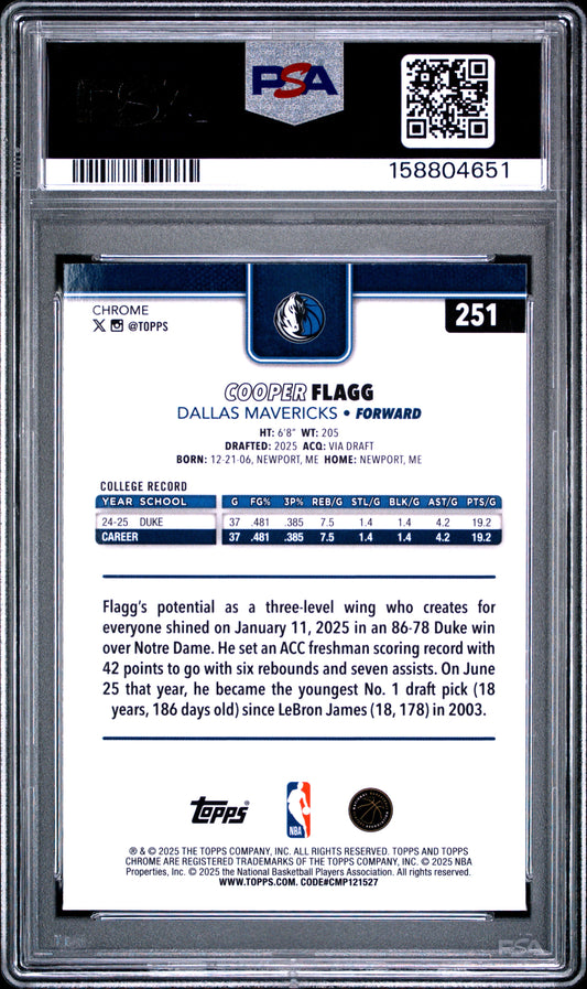 2025 Topps Chrome Basketball Cooper Flagg #251 Pulsar Refractor English PSA 10