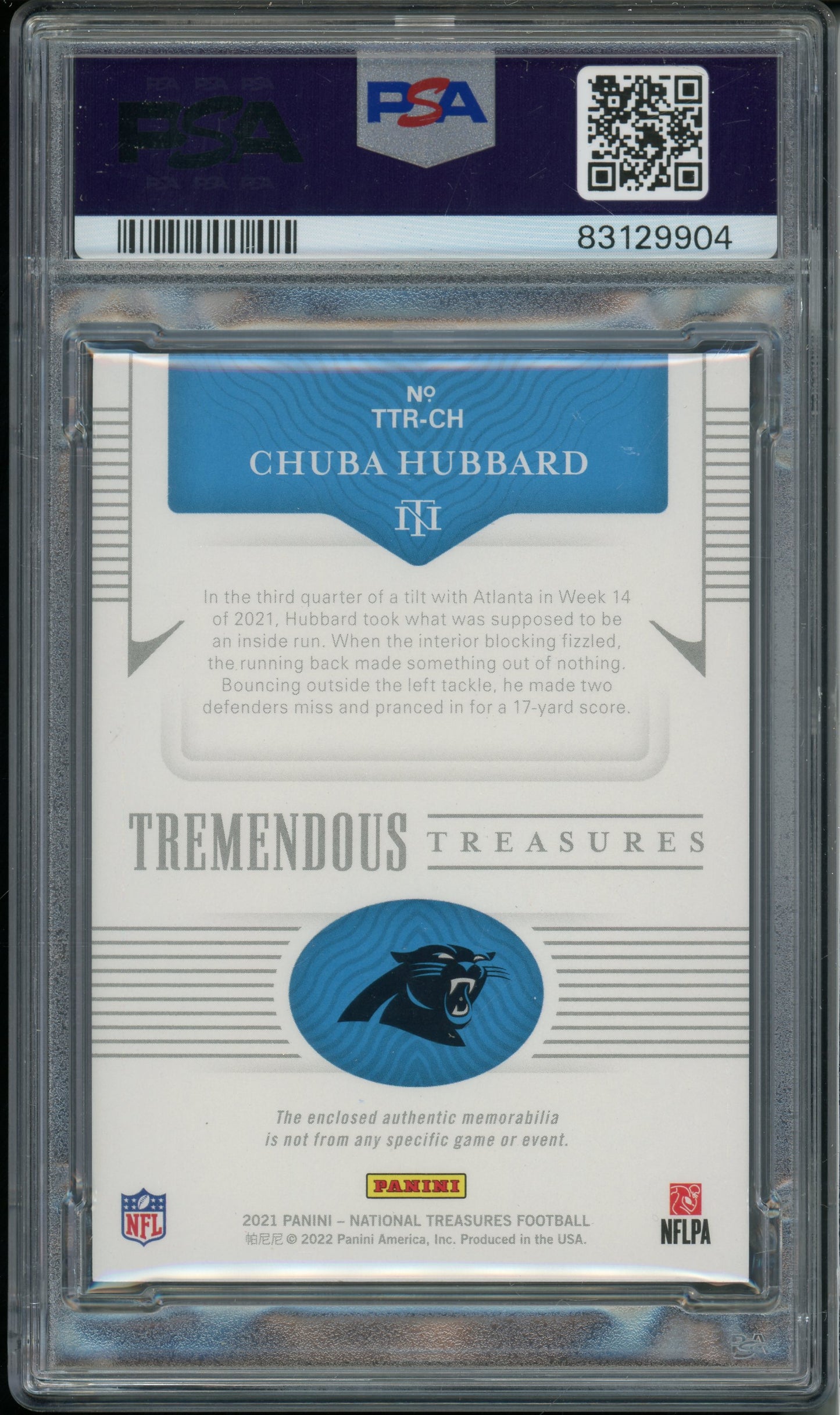 2021 National Treasures Chuba Hubbard #CH Rookies Relics NFL Shield PSA 8 RPA