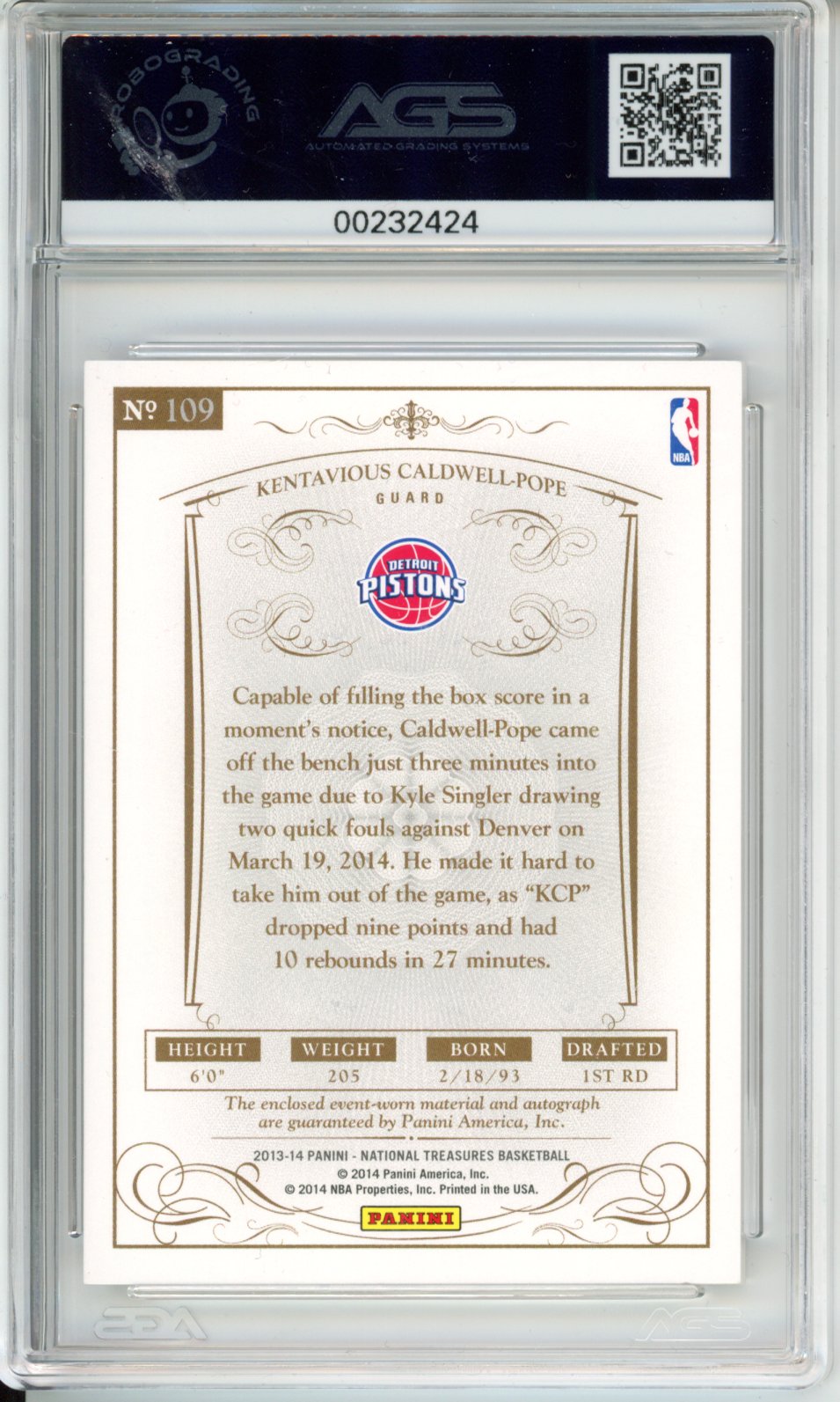 2013-14 Panini National Treasures Kentavious Caldwell-Pope #109 /99 AGS 8