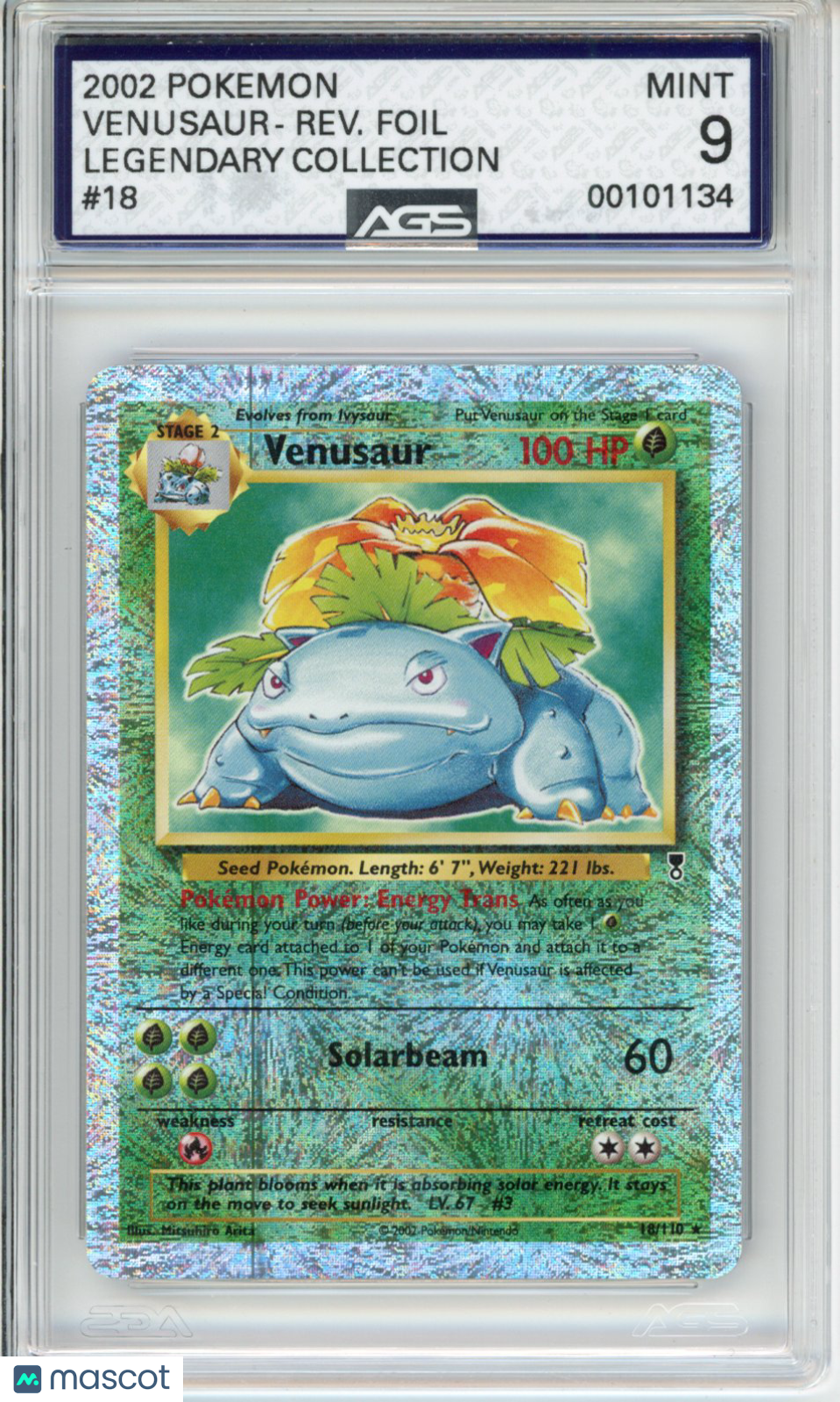 2002 Pokemon Legendary Collection Venusaur #018 Reverse Holo AGS 9