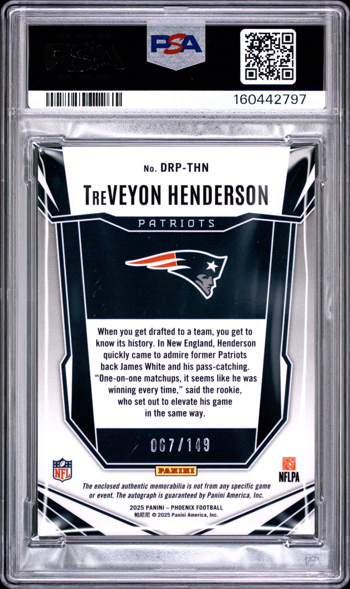 2025 unknown Panini Phoenix Rps Dual Rookie Patch Autographs Treveyon Henderson Silver DRP-THN English PSA 7