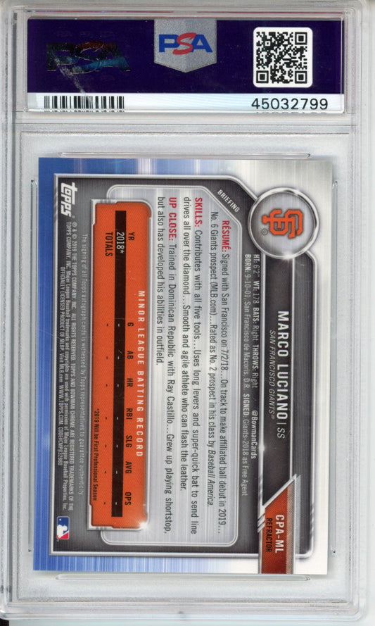2019 Bowman Prospect Autographs Chrome Marco Luciano #ML CHR Refractor PSA 10