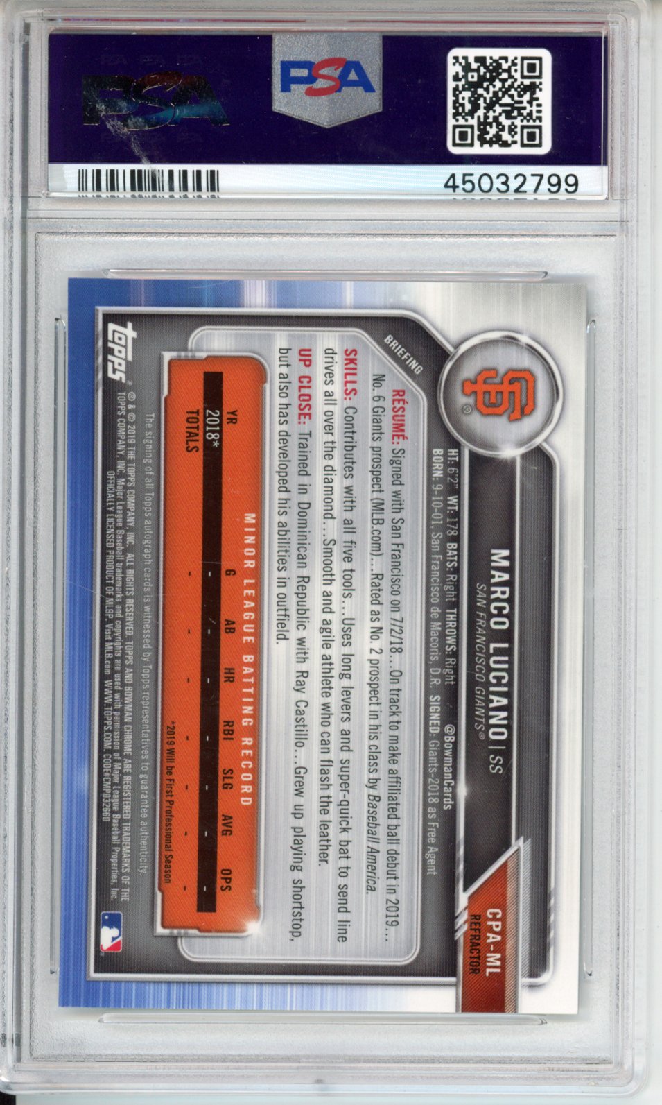 2019 Bowman Prospect Autographs Chrome Marco Luciano #ML CHR Refractor /499 PSA 10