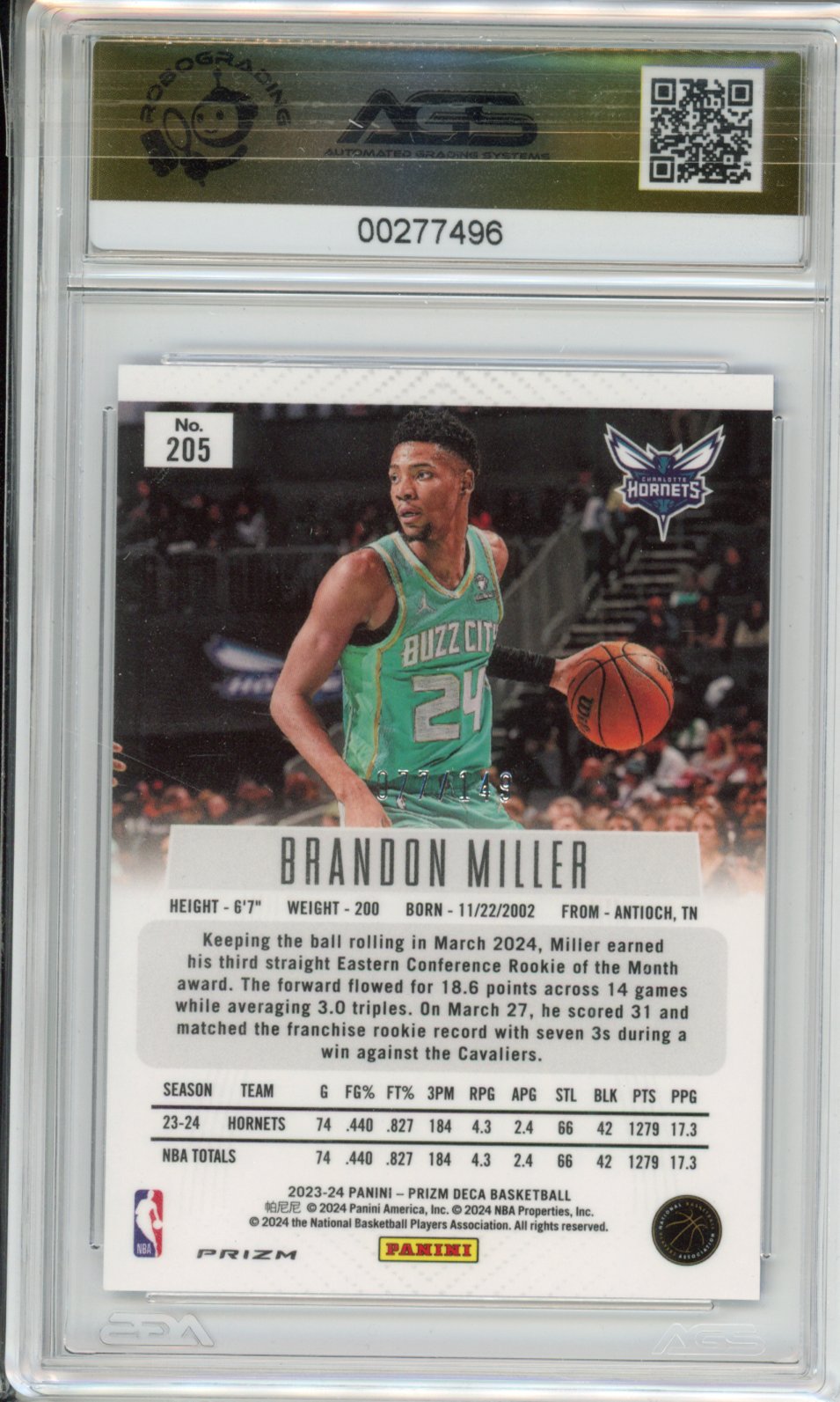 2023 Panini PRIZM DECA BRANDON MILLER #205 Blue /149 AGS 10