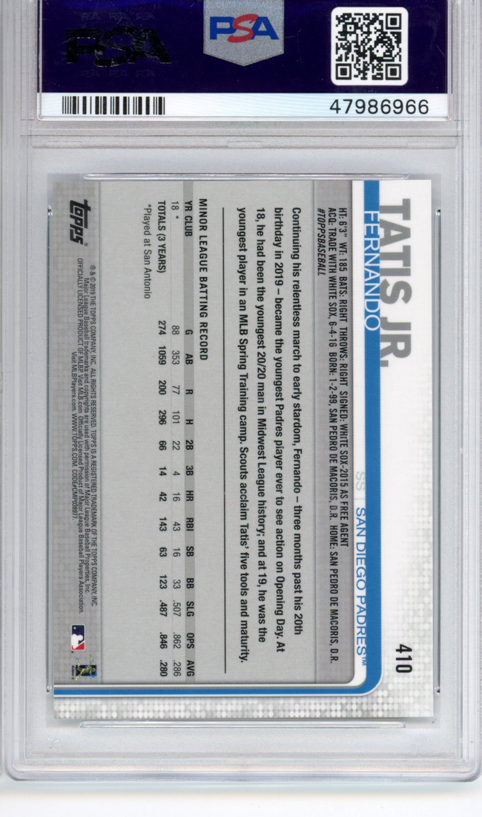 2019 Topps On Demand 3D Fernando Tatis JR. #410 RC Rookie PSA 10