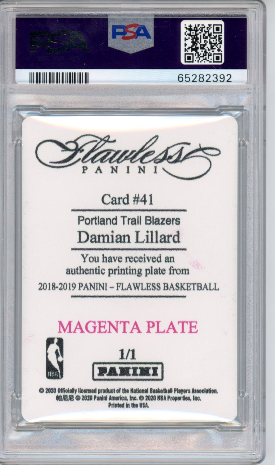 2018 Panini Flawless Damian Lillard #41 Magenta Print. Plate 1/1 PSA A