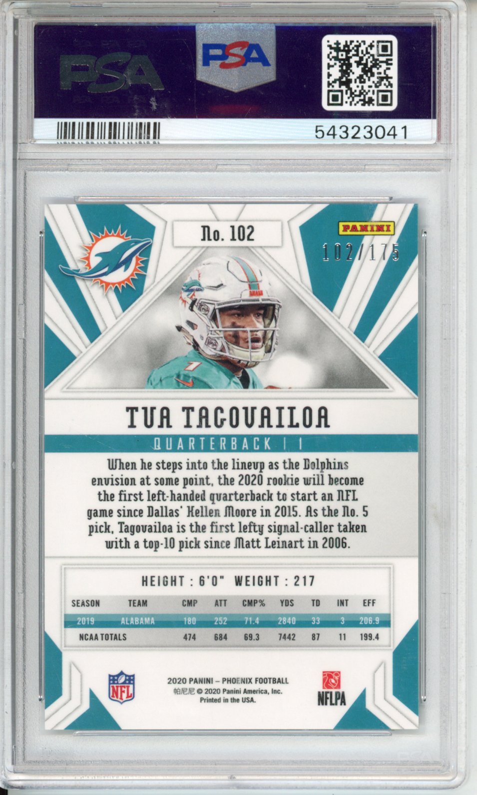 2020 Panini Phoenix Tua Tagovailoa #102 Teal /175 PSA 10