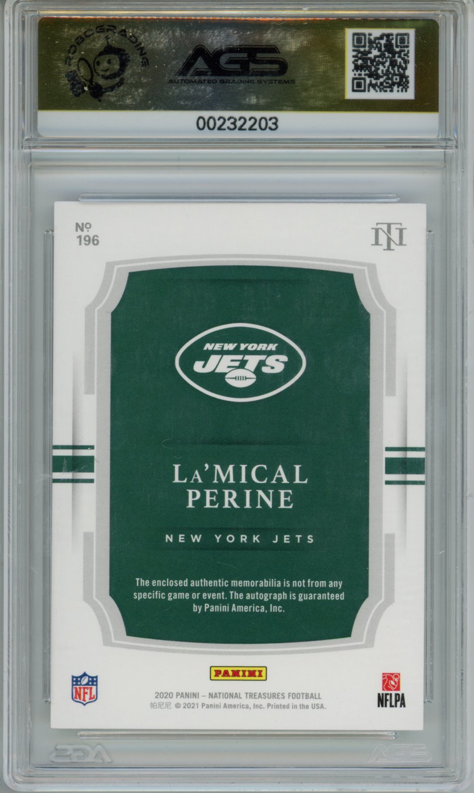 2021 National Treasures La'Mical Perine #196 Rookie Patch Auto RPA Black /5 AGS 10