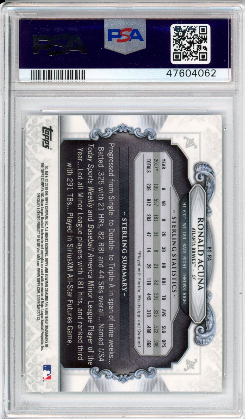 2018 Bowman Sterling Continuity Ronald Acuna #BS-RA PSA 10