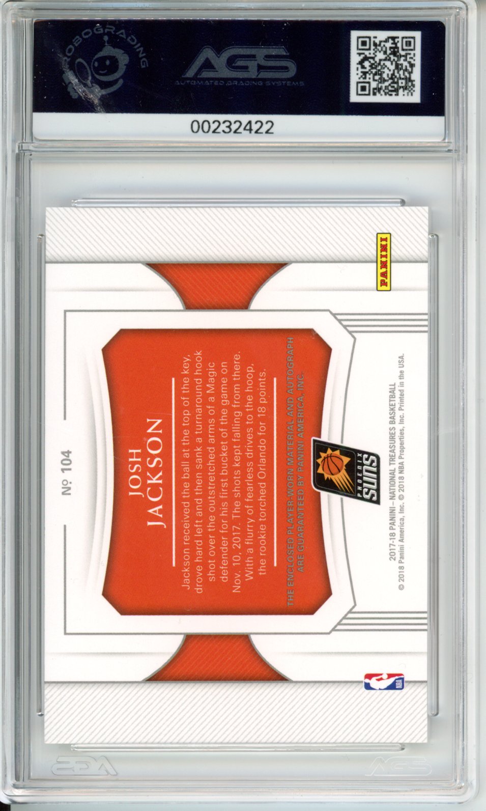 2017 Panini National Treasures Josh Jackson #104 Rookie Patch Auto /25 AGS 8