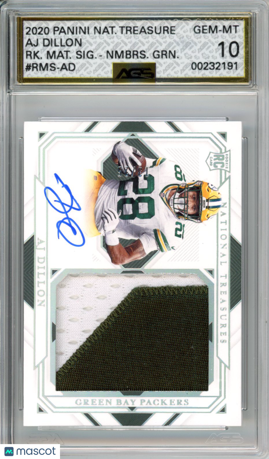 2021 Panini National Treasures AJ Dillon #RMS-AD Rookie Materials Auto Numbers Green AGS 10