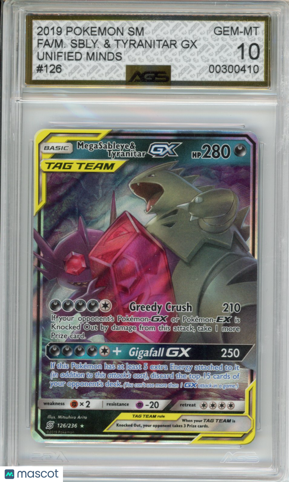 2019 Pokemon Unified Minds Mega Sableye & Tyranitar GX #126 AGS 10