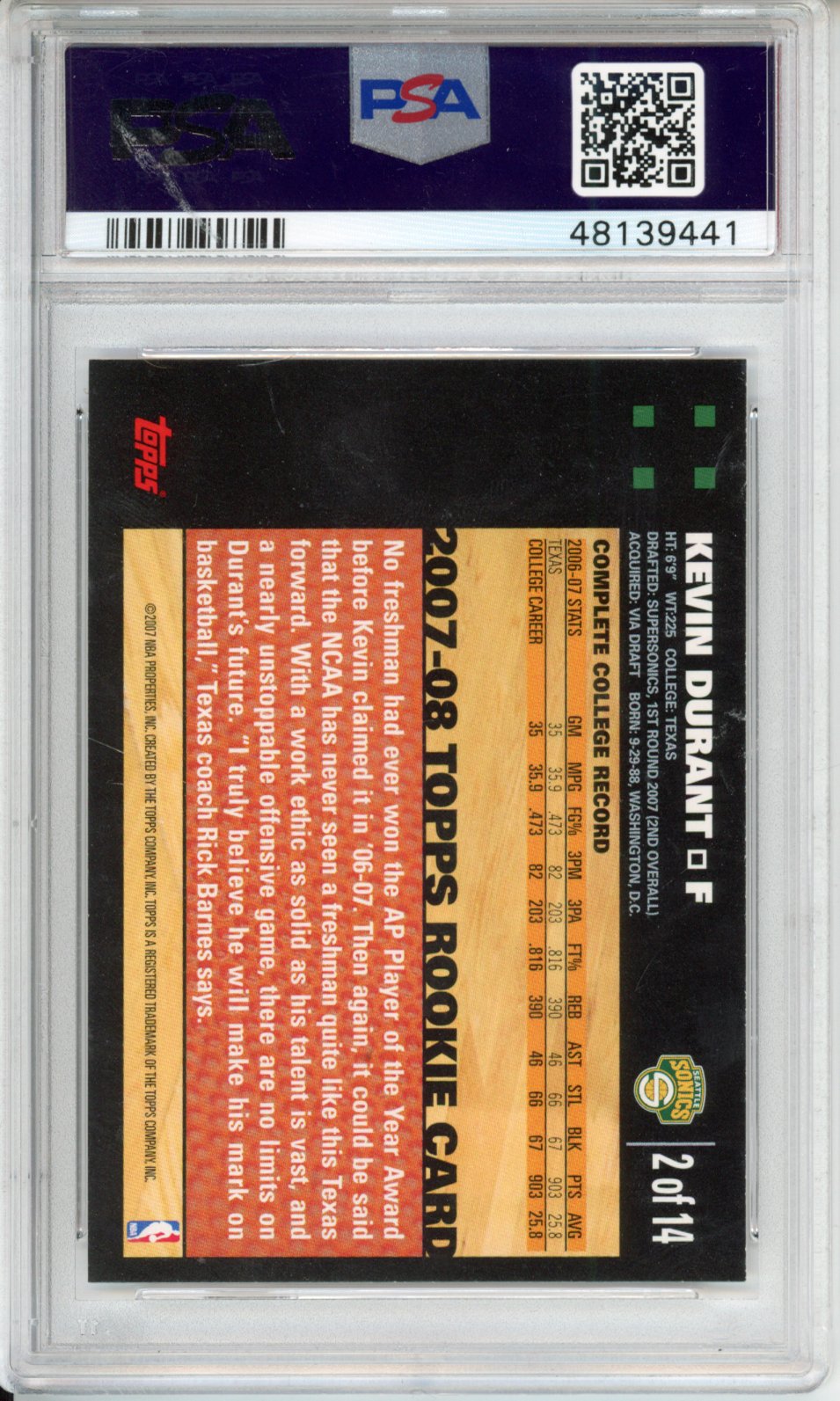 2007 Topps Rookie Card Kevin Durant #2 PSA 10