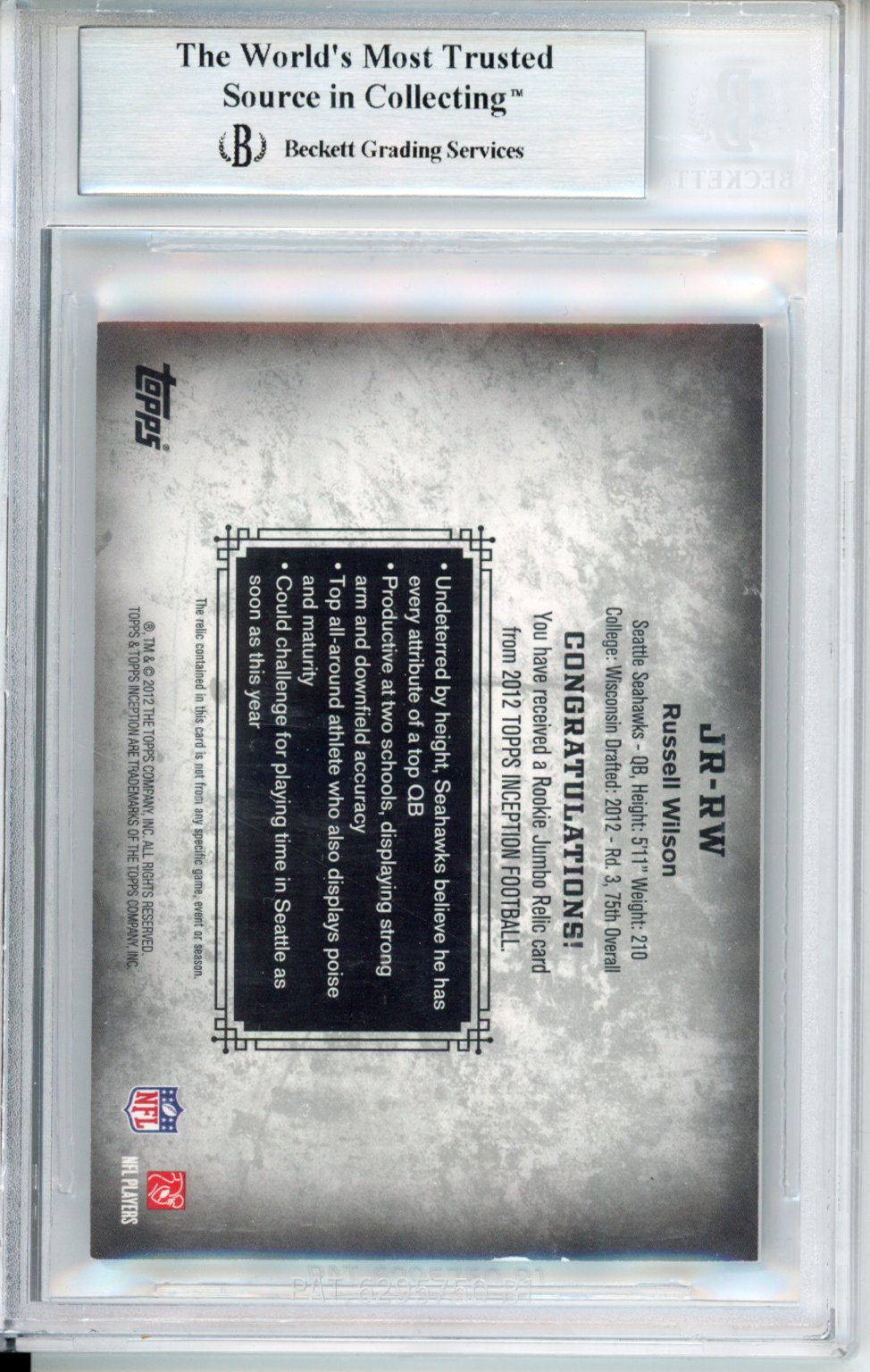 2012 Topps Inception Rookie Relics Jumbo Swatch Russell Wilson #JRRW 044/165 BGS 8.5