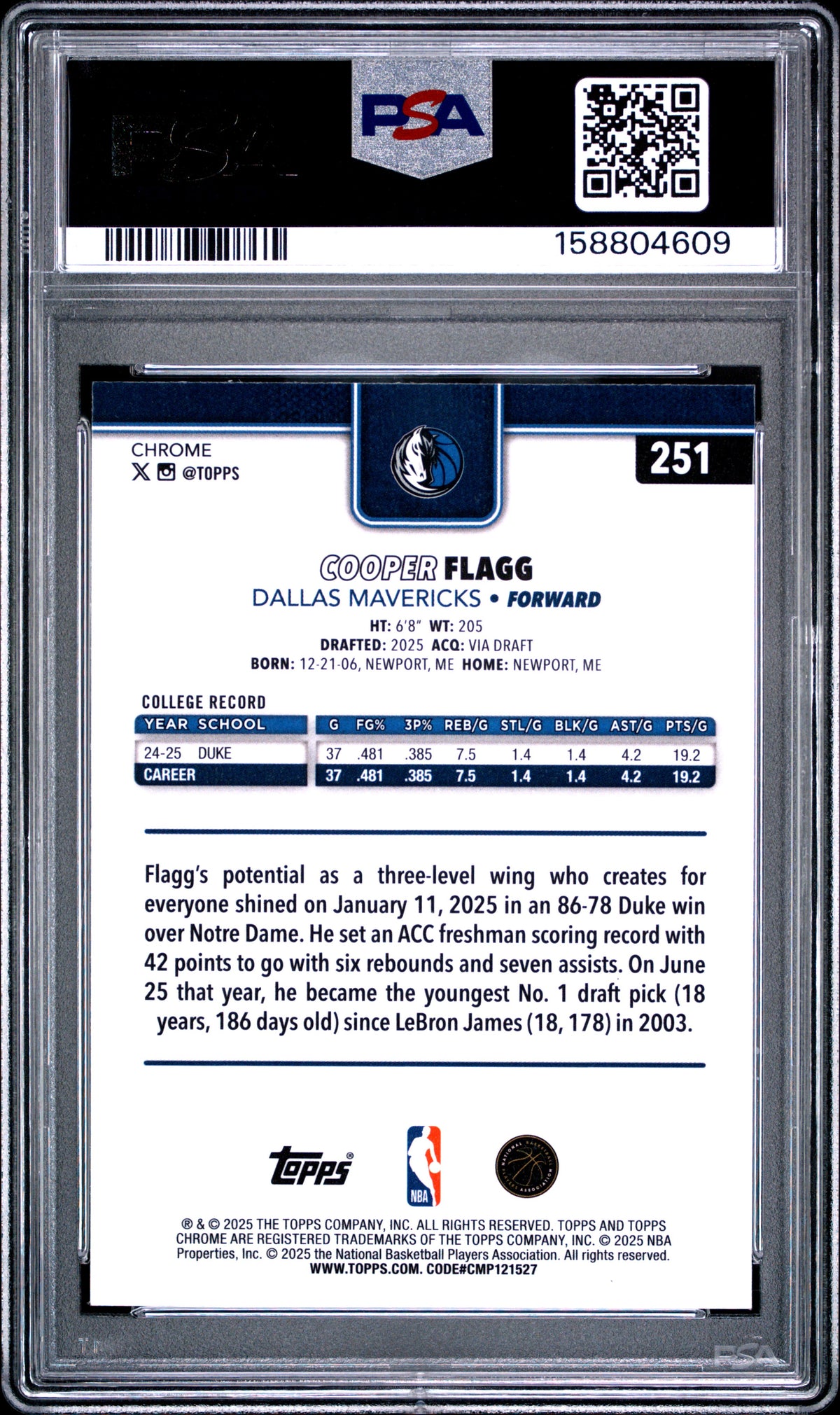 2025 Topps Chrome Basketball Cooper Flagg #251 X-Fractor English PSA 10