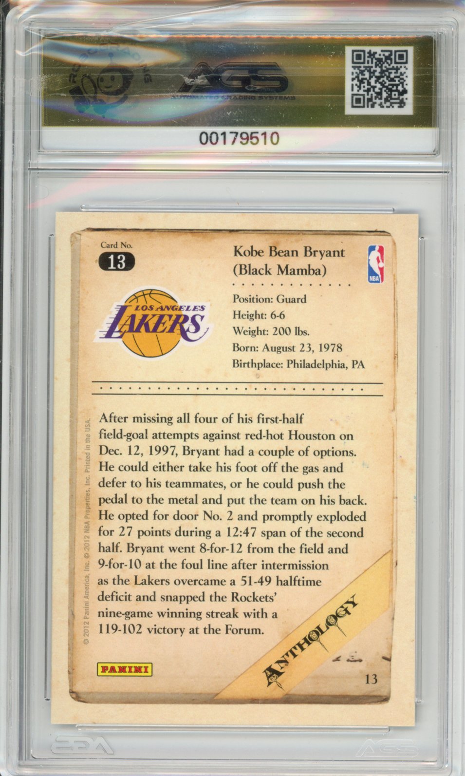Basketball 2012-13 Panini Kobe Anthology KOBE BRYANT #013 AGS 10