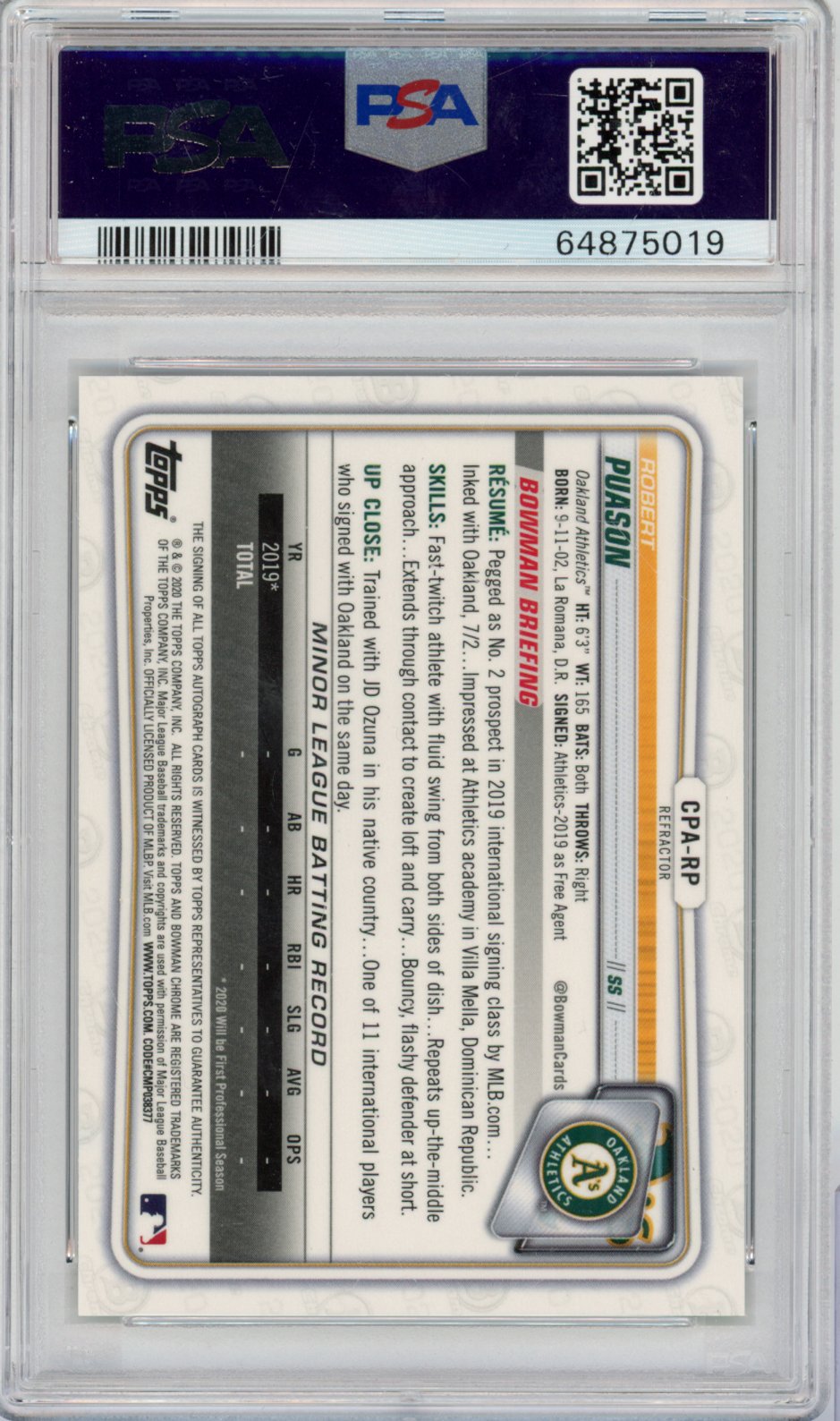 2020 Bowman 1st Edition Baseball Robert Puason #CPA-RP Refractor English PSA 10