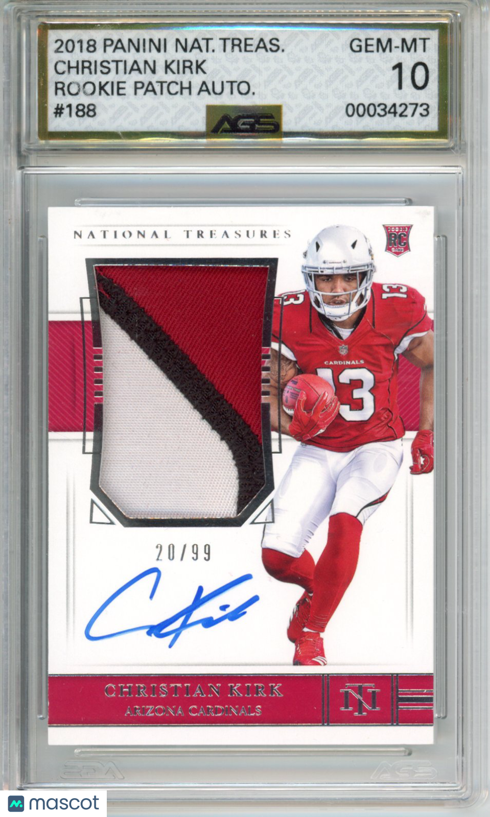 2018 Football National Treasures Christian Kirk #188 RPA /99 AGS 10