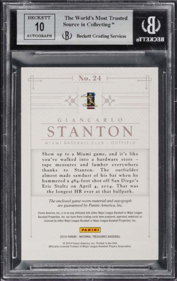 2014 National Treasures Giancarlo Stanton #24 Silhouette Auto Green /5 BGS 9
