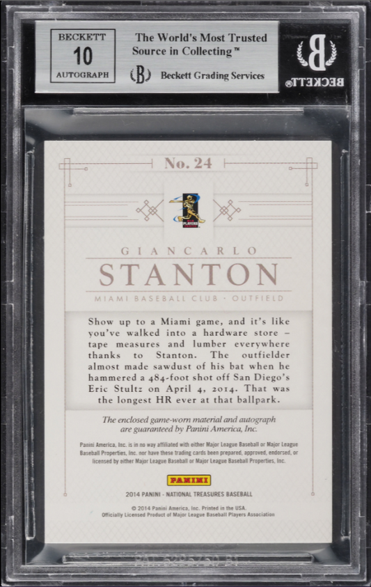 2014 National Treasures Giancarlo Stanton #24 Silhouette Auto Green /5 BGS 9