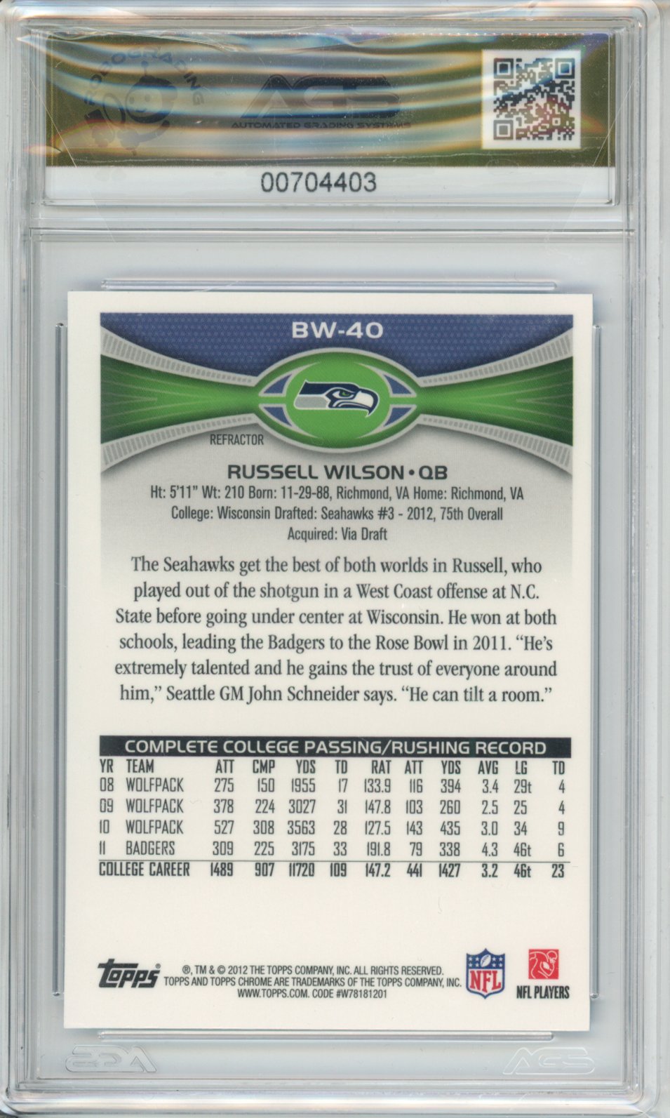 Football 2012 Topps Chrome RUSSELL WILSON - QB #BW-40 AGS 10