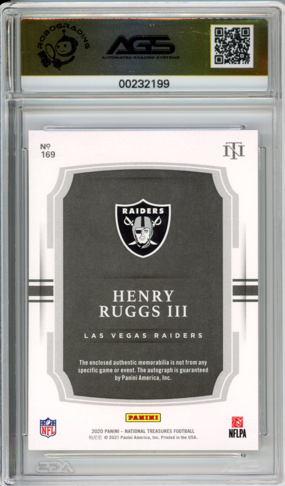 2021 Football 2020 Panini National Treasures Henry Ruggs III #169 AGS 10