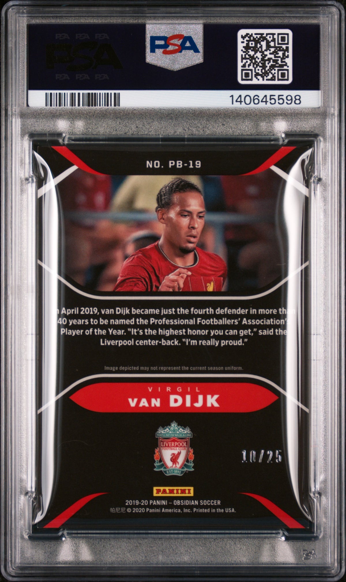2019 unknown Panini Obsidian Pitch Black Virgil Van Dijk Electric Etch Green PB19 English PSA 7