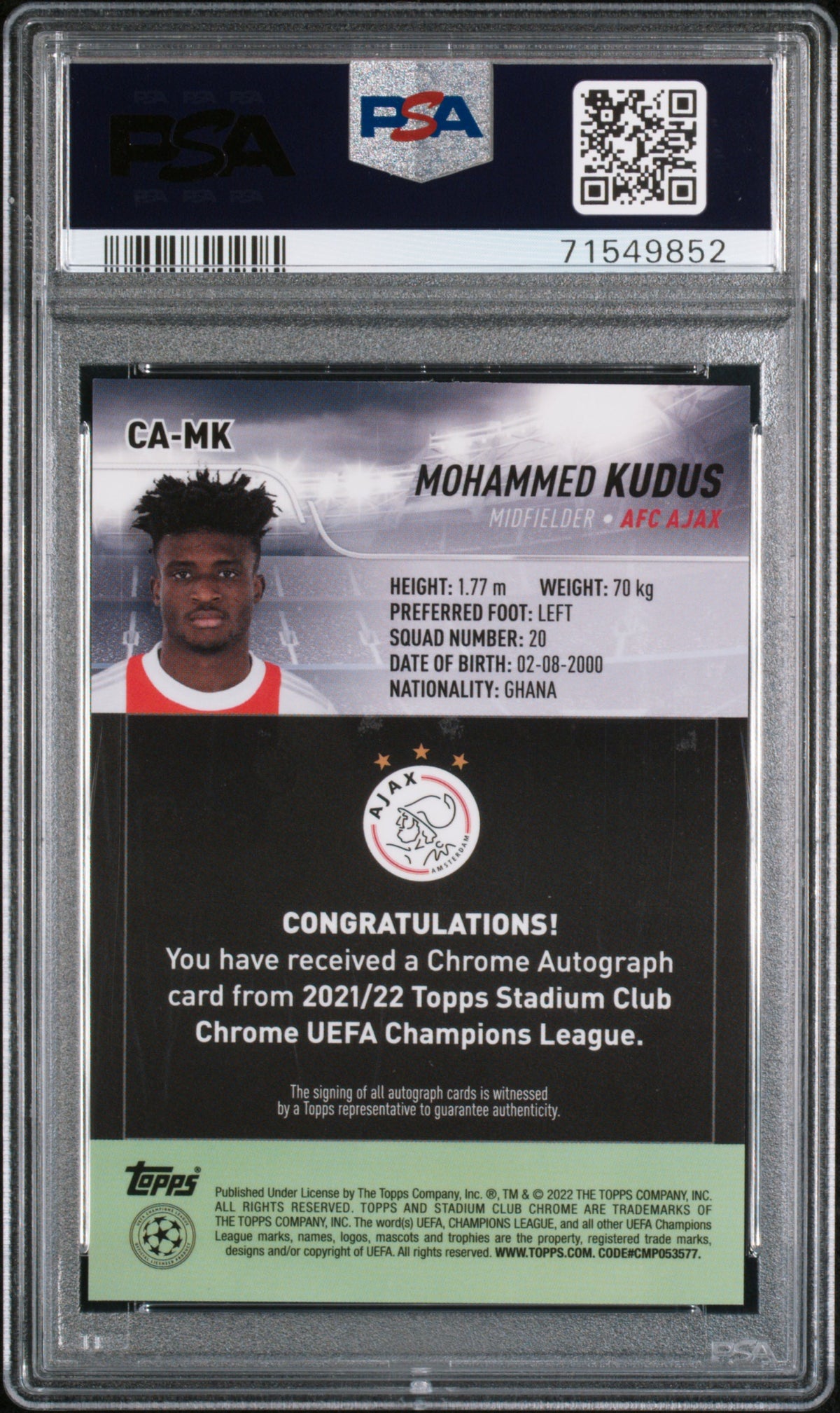 2021 Topps Stadium Club Chrome UEFA Champions League Soccer Mohammed Kudus #CA-MK Stadium Club Chrome UEFA Champions League Autographs English PSA 8