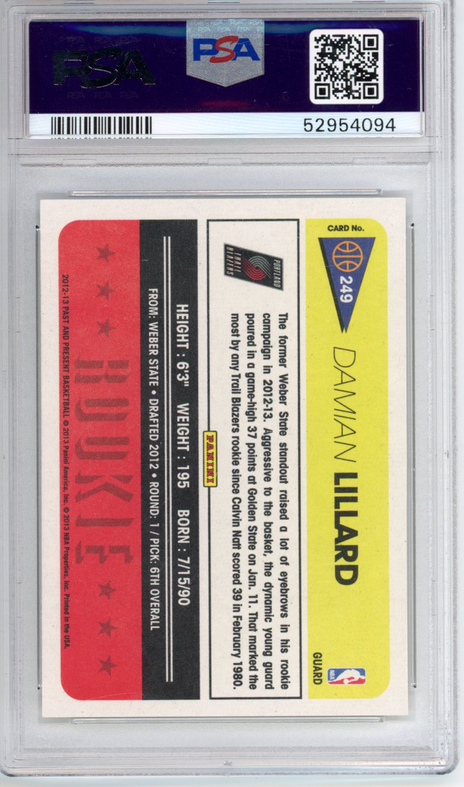 2012 Panini Past & Present Damian Lillard #249 PSA 10