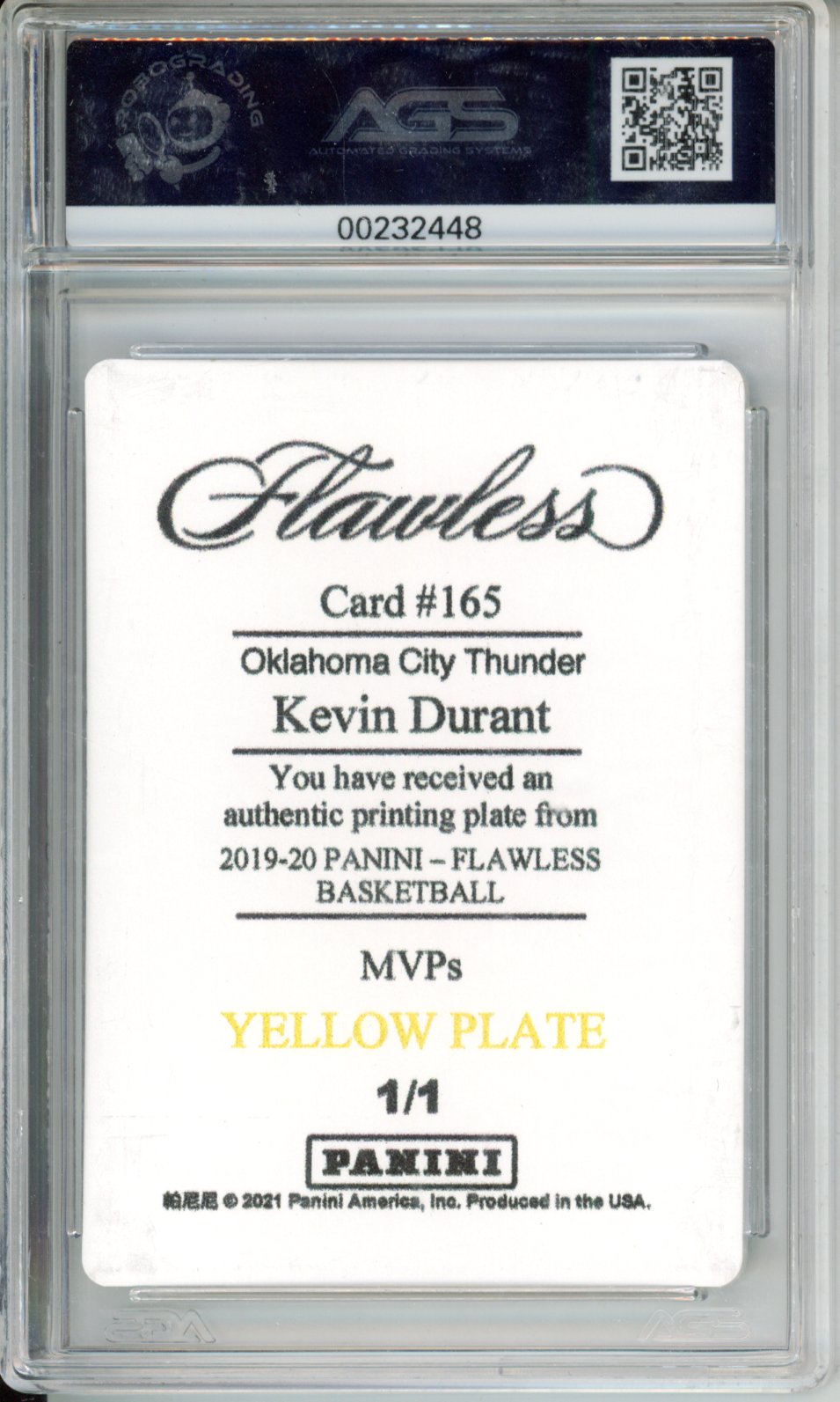 2019-20 Panini Flawless KEVIN DURANT #165 PRINTING PLATE - YELLOW AGS 9