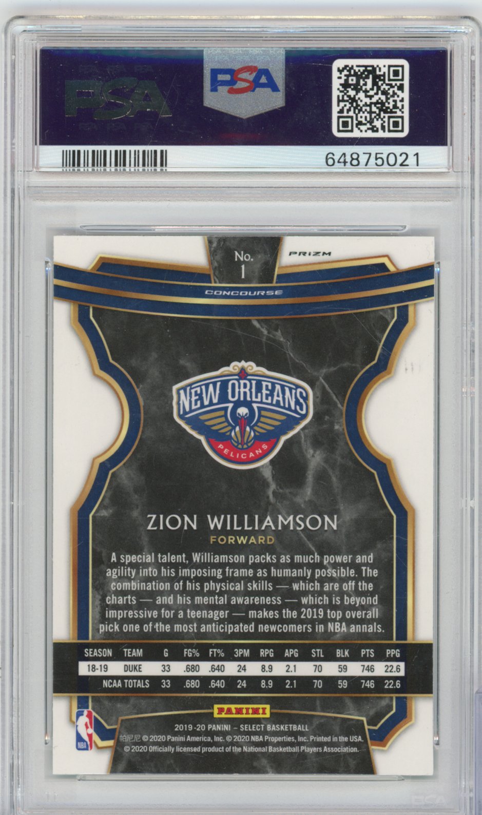 2019 Panini Panini Panini Panini Zion Williamson Panini Select Concourse Basketball #1 Tri-Color English PSA 10