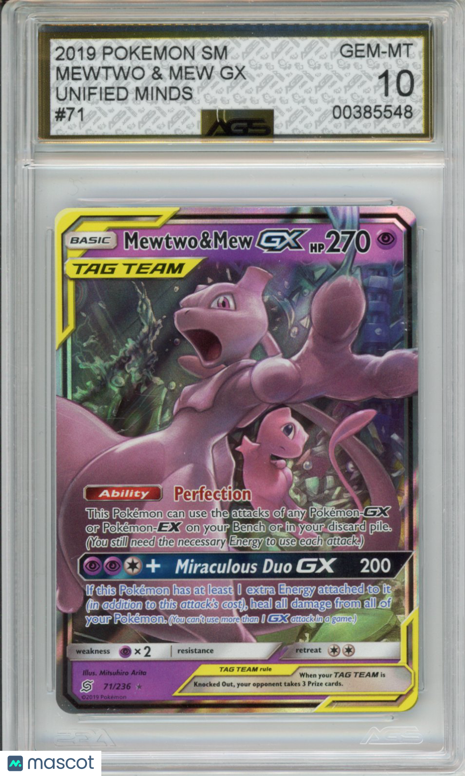 2019 Pokemon Unified Minds Mewtwo & Mew GX #071 AGS 10