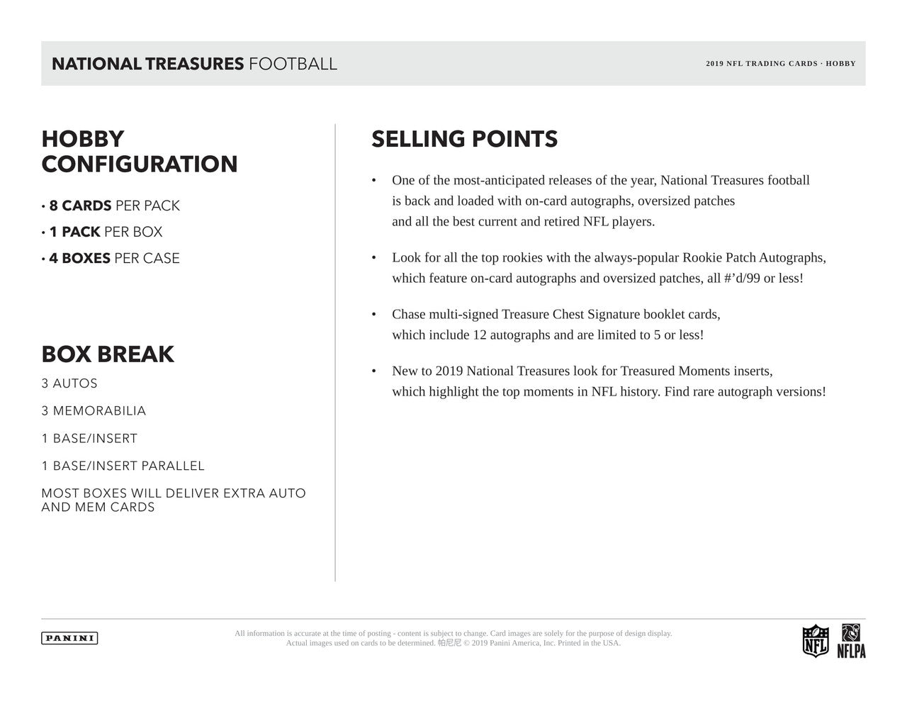 2019 Panini National Treasures Football Hobby Box FOTL