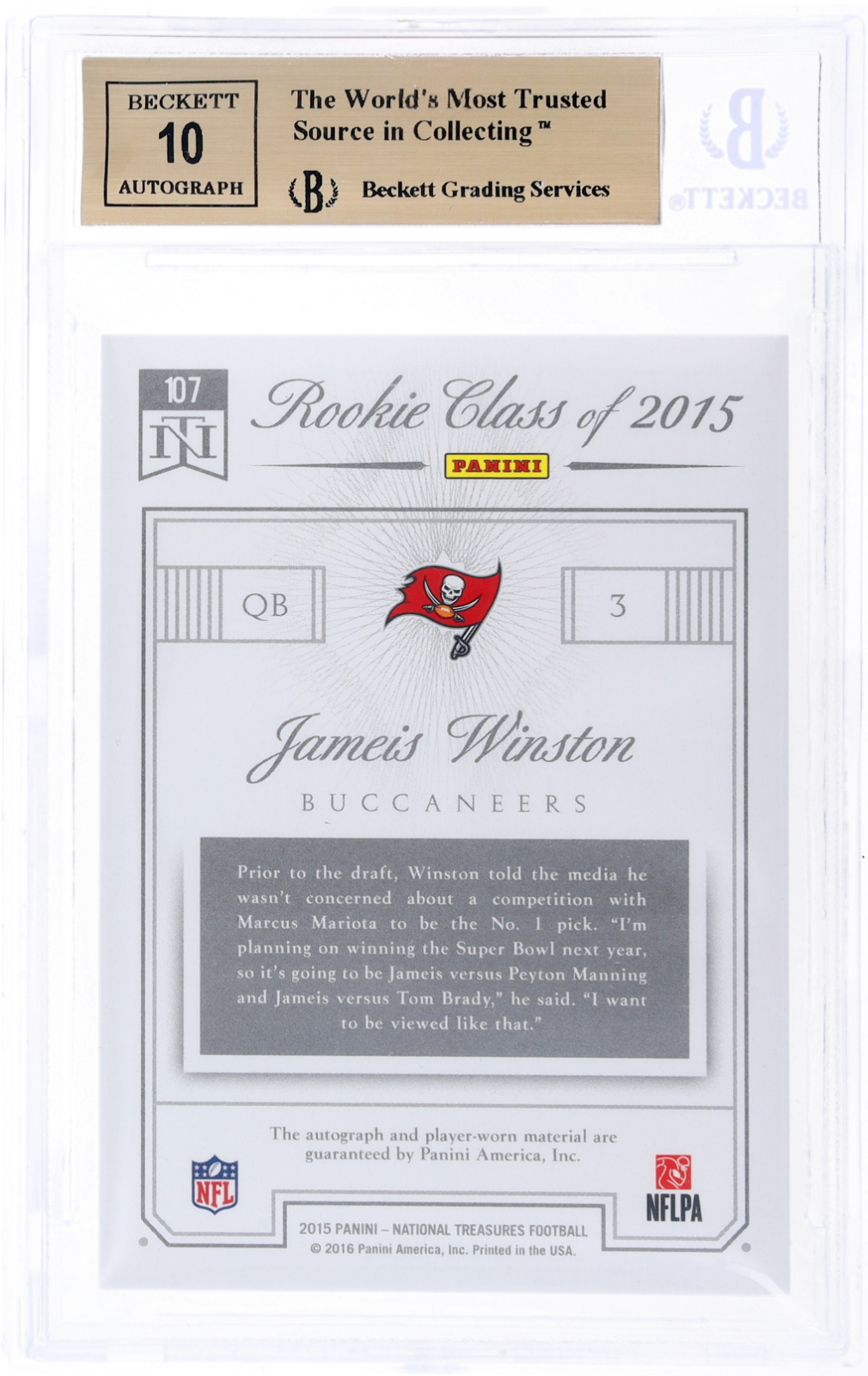 2015 National Treasures Jameis Winston #107 Rookie Patch Auto Red NIKE BGS 9.5