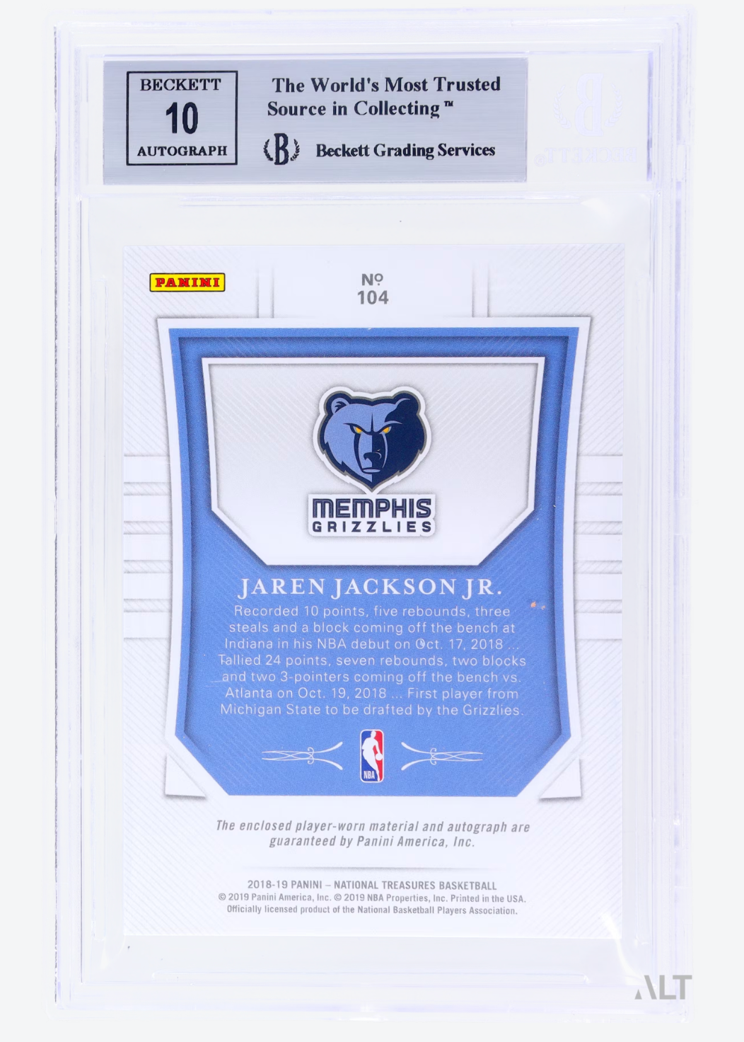 2018 National Treasures Jaren Jackson Jr. #104 Rookie Patch Auto RPA BGS 9