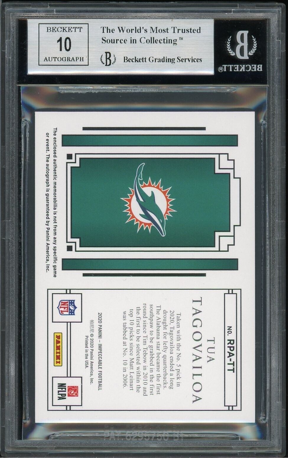 2020 Impeccable Tua Tagovailoa Rookie Patch Auto Platinum BGS 8.5 RPA RC