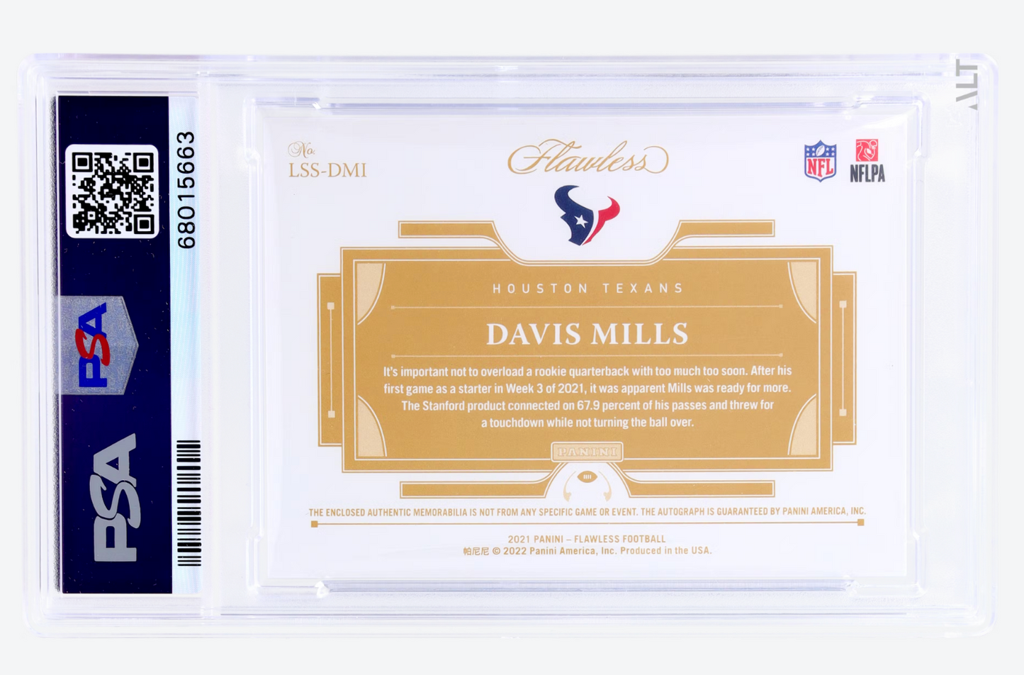 2021 Panini Flawless Davis Mills #LSS-DMI Shield Signatures 1/1 PSA 8