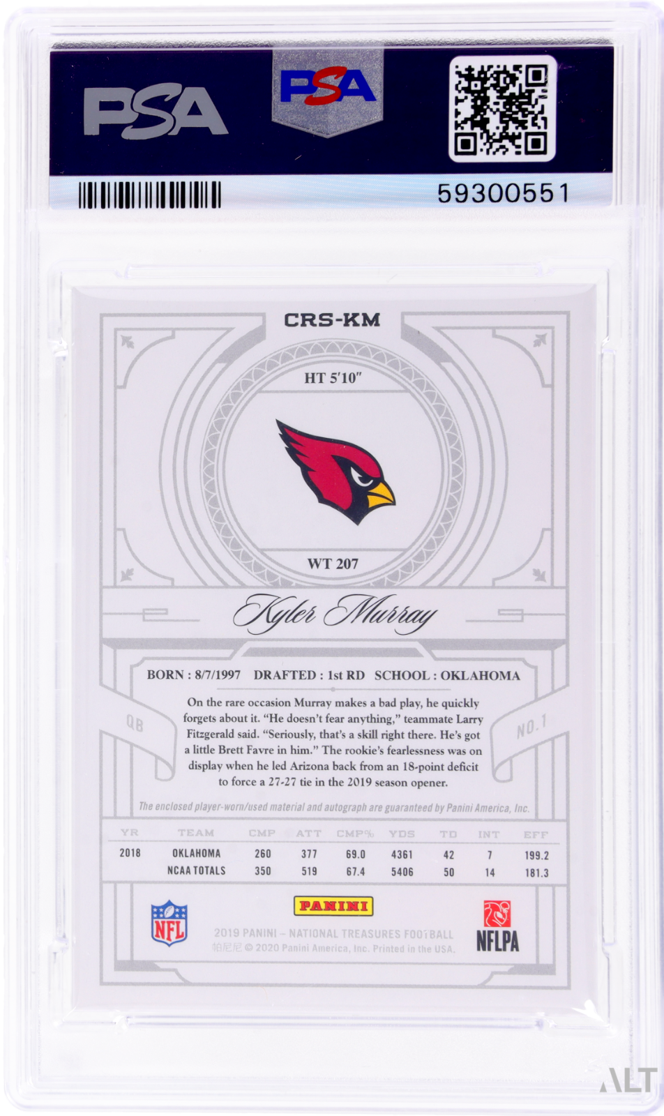 2019 National Treasures Kyler Murray #CRS-KM Crossover Rookie Patch Auto PSA 9