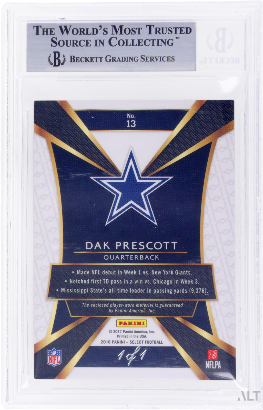 2016 Select Dak Prescott #13 Sparks Prizm Black Laundry Tag NFL Shield BGS 9