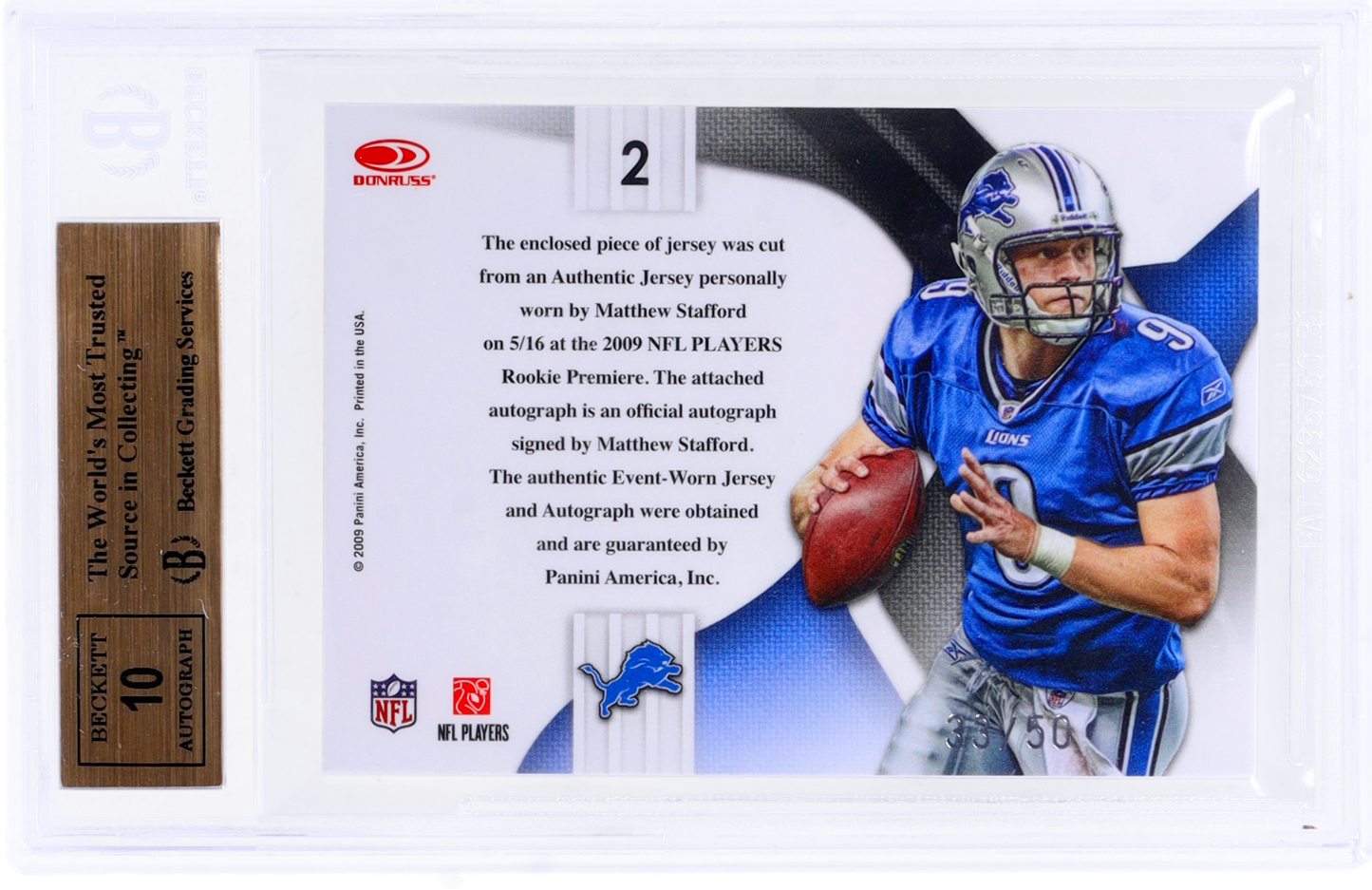 2009 Playoff National Treasures Matthew Stafford Rookie Patch Auto /50 BGS 9.5