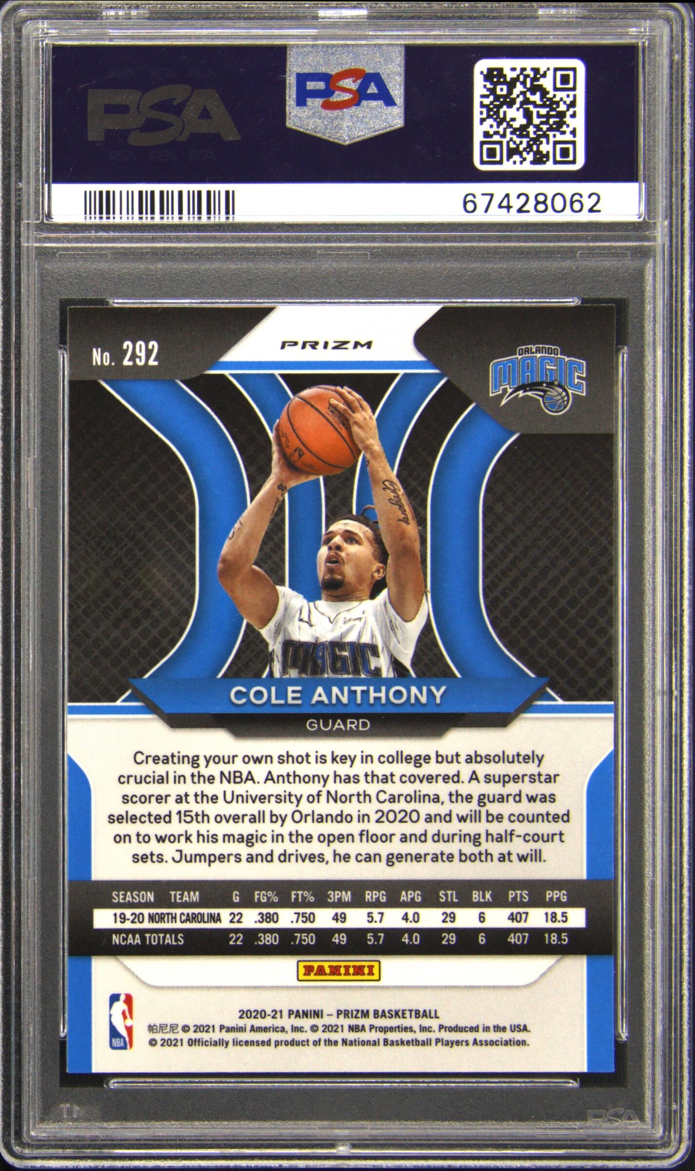 2020 Prizm #292 Cole Anthony White Prizm Rookie RC PSA 10 Gem Mint