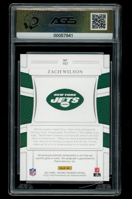 2021 Panini National Treasures Zach Wilson #157 Rookie Patch Auto Purple AGS 9.5