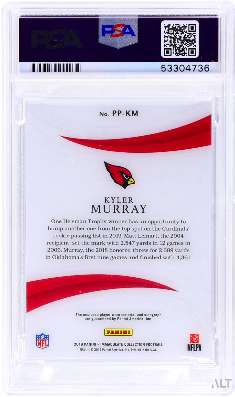 2019 Immaculate Collection Kyler Murray #PP-KM Patch Rookie Auto PSA 9 RPA RC