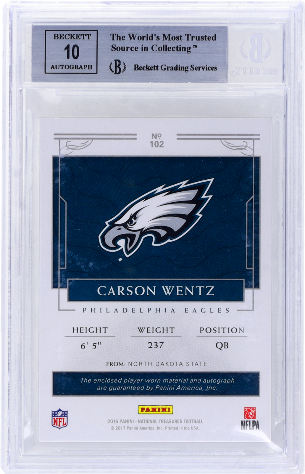 2016 National Treasures Carson Wentz Rookie Patch Auto Blue RPA RC BGS 8.5