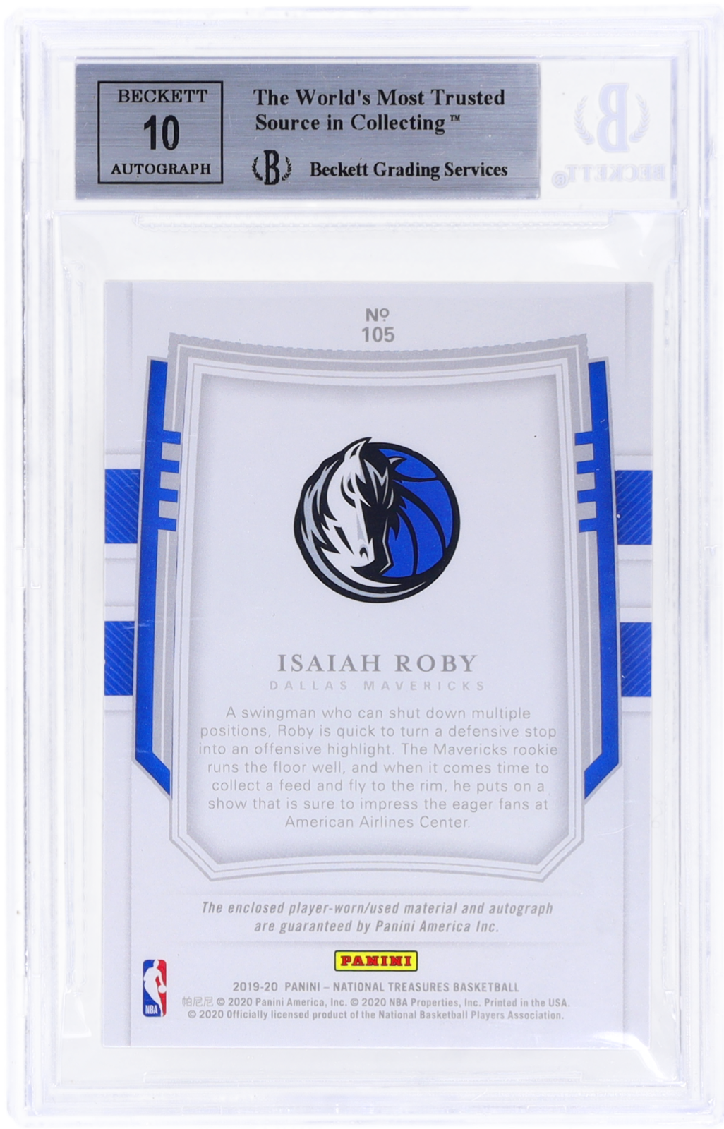2019 National Treasures Isaiah Roby #105 RPA Stars and Stripes BGS 9 Auto 10