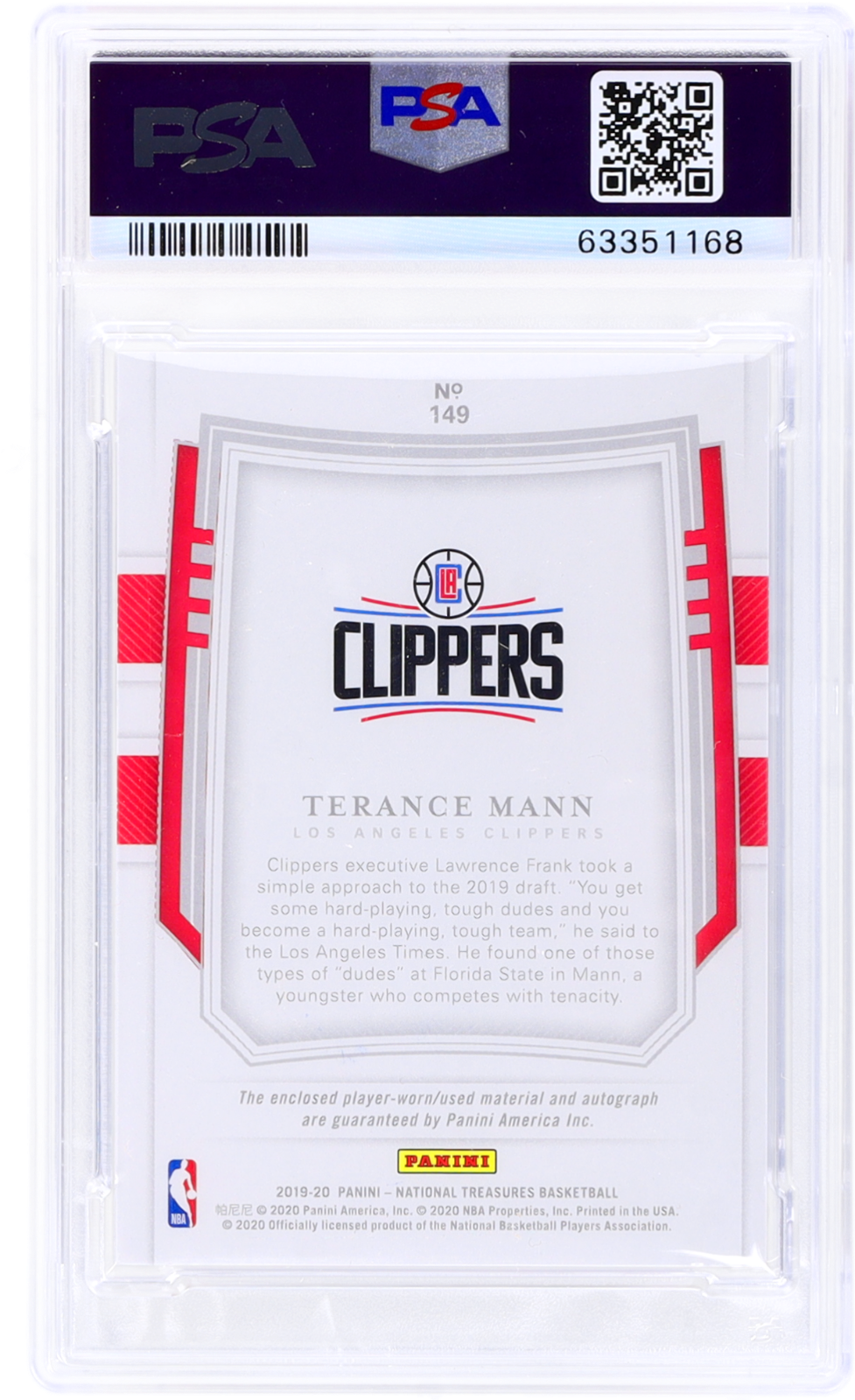 2019 National Treasures Terance Mann #149 Patch Auto Stars & Stripes PSA 9