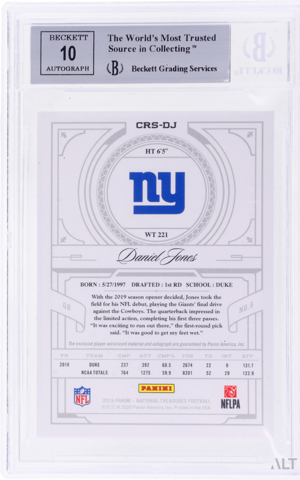 2019 National Treasures Daniel Jones #CRS-DJ Crossover Rookie Patch Auto BGS 9