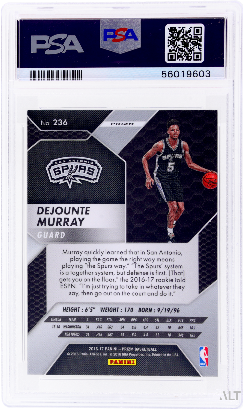 2016 Panini Prizm Dejounte Murray #236 Silver Prizm PSA 9